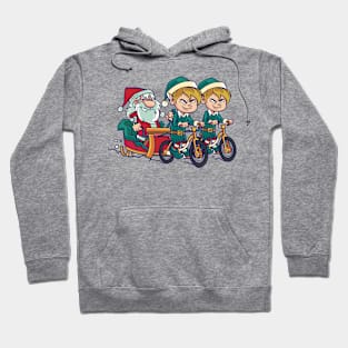 Funny Cartoon Santa with His Elves on Bicycles Hoodie